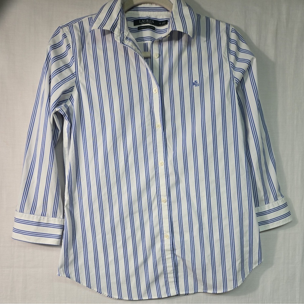 Lauren Ralph Blue White Striped Blouse S Preppy Button Up Stretch Non Iron Logo